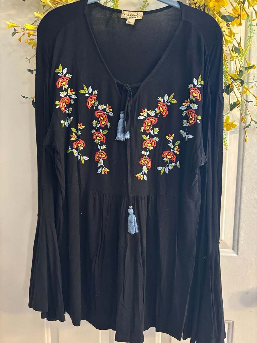 One World Live and Let Live Black Floral Embroidered Long Sleeve Tunic